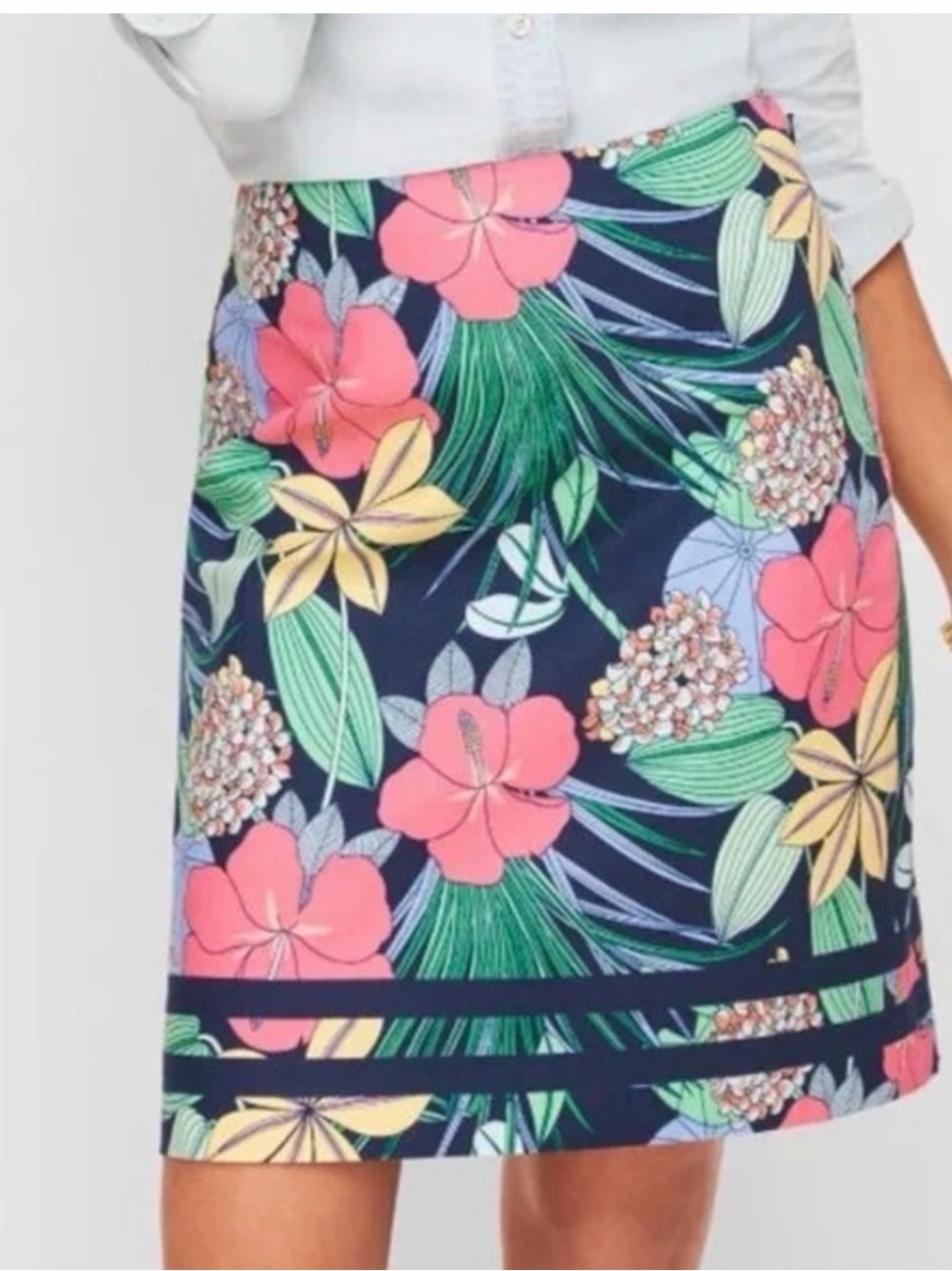 Talbots Navy A-Line Skirt with Pink & Green Tropical Floral Print
